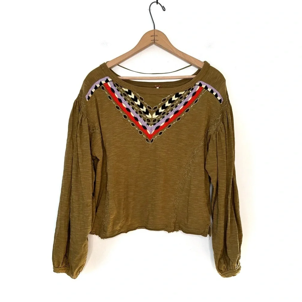Free People | Hand Me Down Embroidered Top Moss Green Size Large